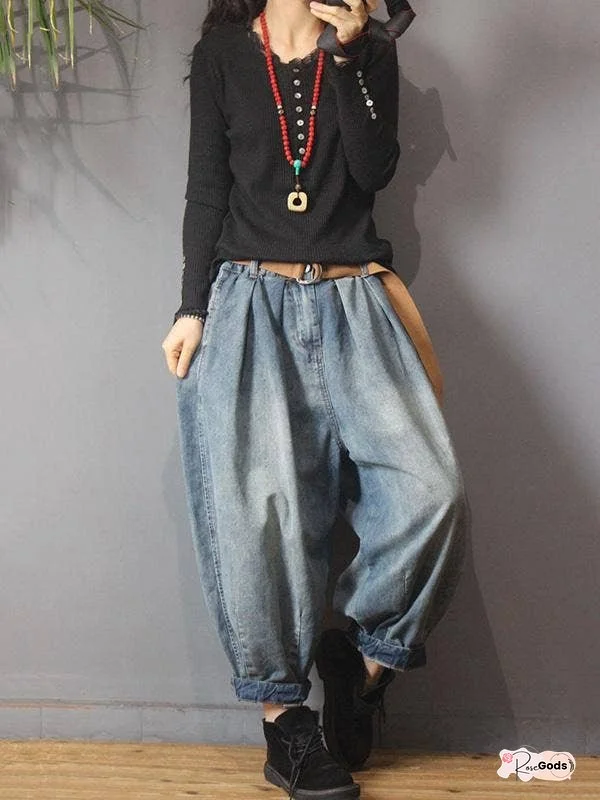Vintage Denim Loose Elastic Waist Bloomers Pants