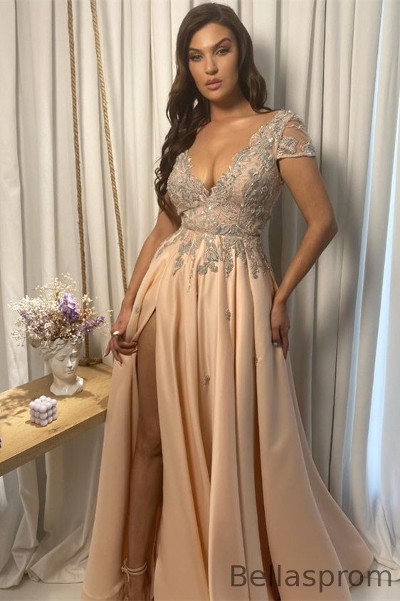 Bellasprom V-Neck Short Sleeves Prom Dress Long Slit With Appliques Bellasprom