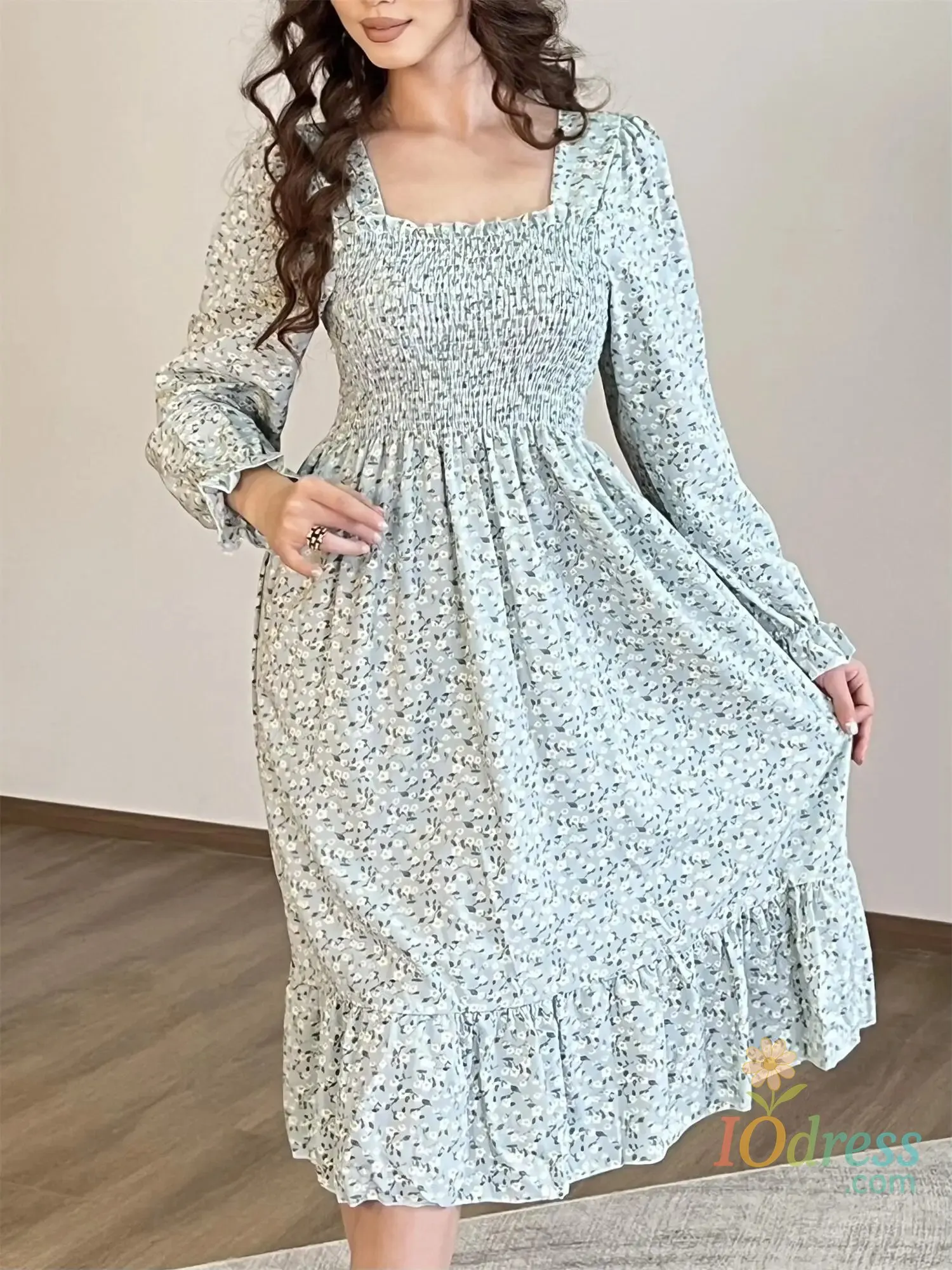 IO Dress Long Sleeve Casual Dress Women Chiffon Dresses Autumn Spring A-line Printed Floral Elastic Chest Lace Up Midi Dresses Vestidos IO Dress