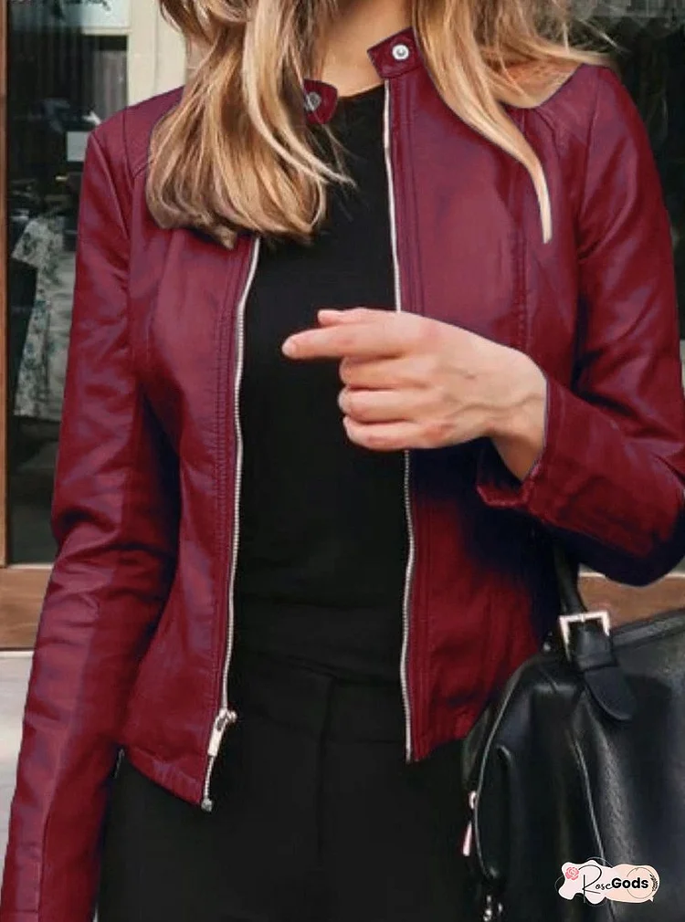Women's Faux Leather Jacket Faux Motorcycle Plus Size Moto Biker Coat Short Zipper Jacket Light Pink Navy Wine Red ArmyGreen Chic & Modern Street Fall Collarless Slim Fit S M L XL XXL XXXL