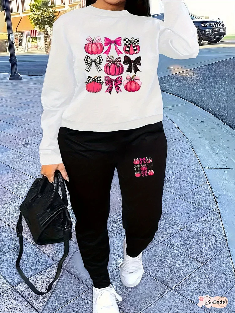 Women‘s Casual Thanksgiving Bow & Pumpkin Print Sweatshirt Set - Cozy Fall/Winter Outfit with "Thankful" Graphic, Black Pants, and White Sneakers, Perfect for Thanksgiving Celebrations, Thanksgiving Clothing | Playful Graphic Sweatshirt | Comfortable Fit