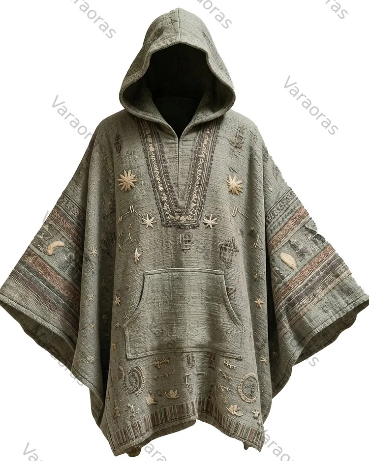Men's Summer Fashion Star and Moon Embroidered Linen Hooded Cape 4978