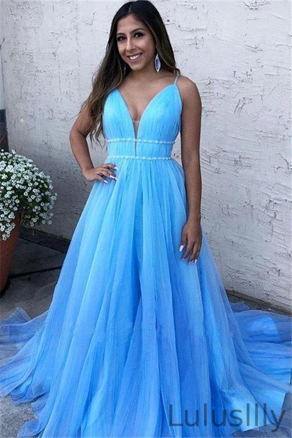 Glamorous Sky Blue Spaghetti-Straps Tulle Long Evening Dress - lulusllly