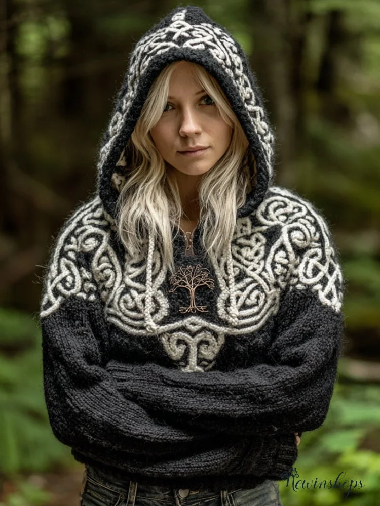 Women's Viking Style Tree Of Life Black And White Casual Hooded Sweater