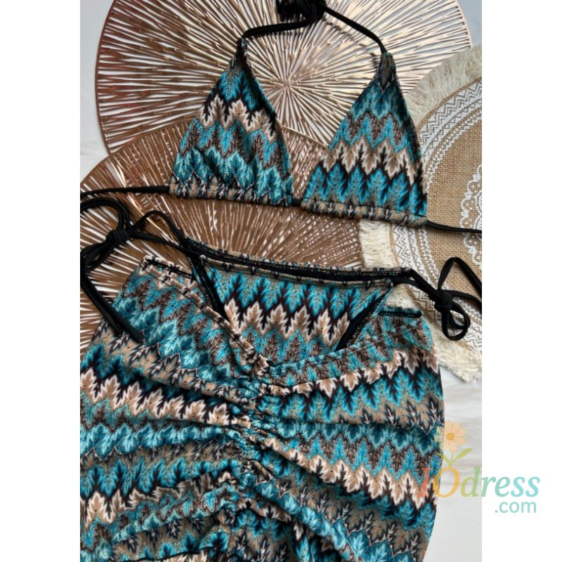 IO Dress Summer New Women's Swimsuit 3 Piece Knitted Bikini Set with Wrap Coverup Halter Swimsuits for Beach Vacations