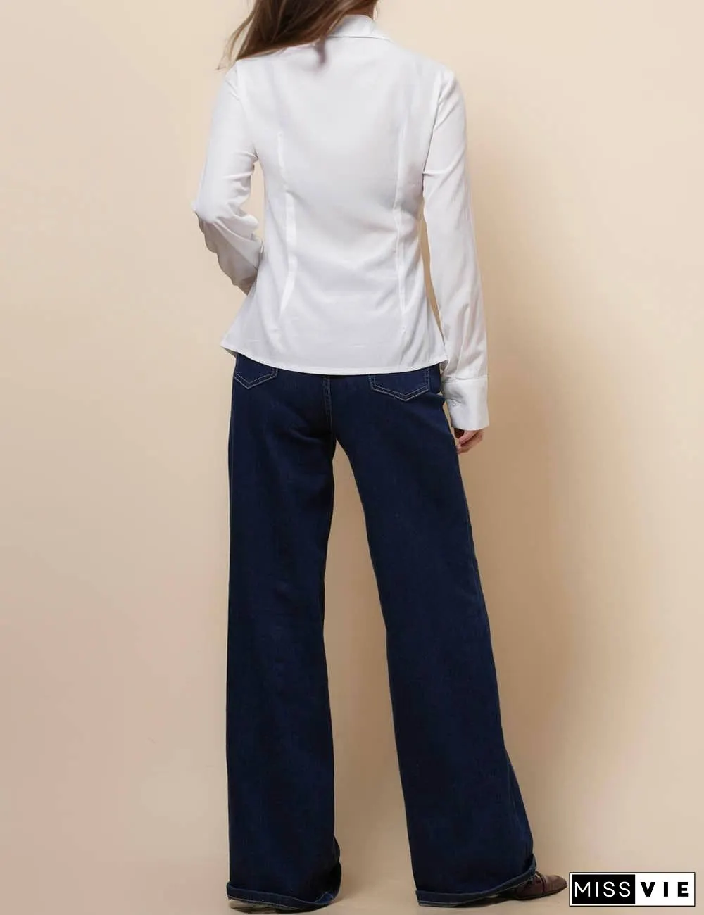 Ladies Long Sleeves Button Down White Shirt SKT51064