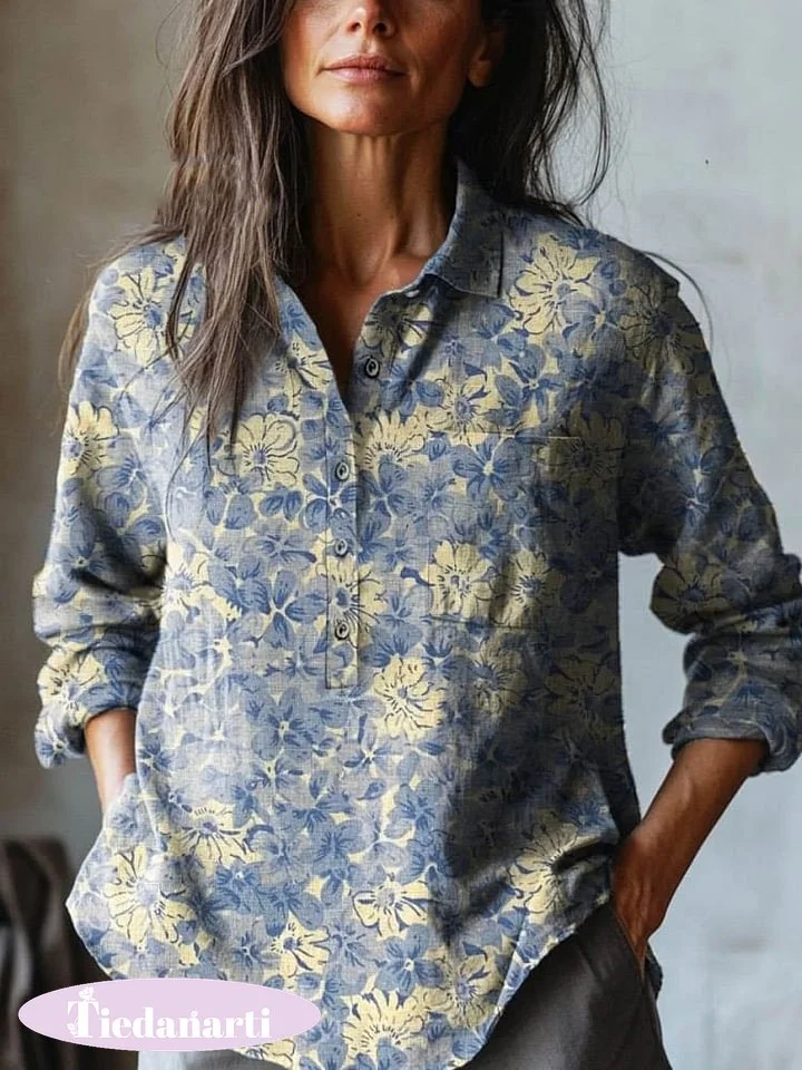 Women's Vintage Lovely Floral Art Print Casual Cotton And Linen Shirt