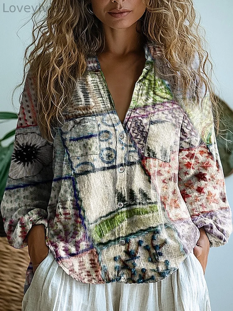 Women's Square Stitching Art Print Casual Long Sleeve Comfortable Cotton Shirt