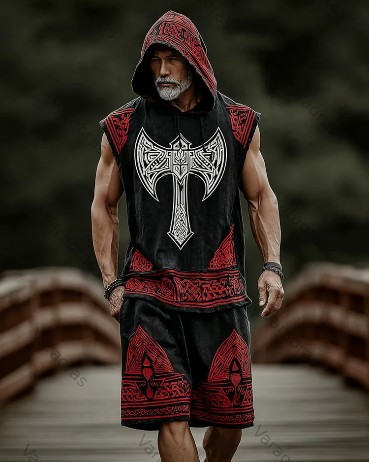 Men's Viking Color-Block Linen Sleeveless Hooded Top and Pants Two-Piece Set 3060