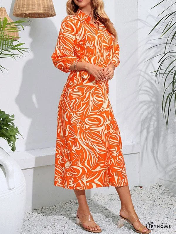 A-Line High Waisted Elasticity Printed Tied Waist Lapel Midi Dresses Shirt Dress | IFYHOME