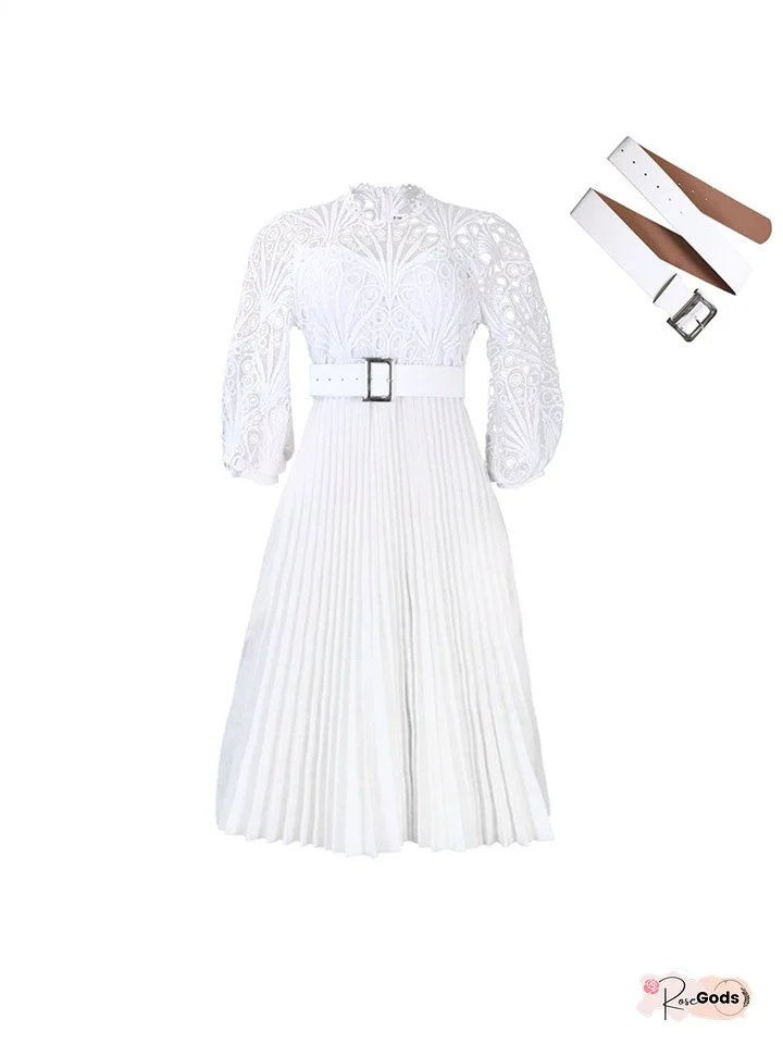 Solid Color Half-high Neck Mid-length Dress Plus Size Lace Crochet Sexy Hollow Pleated Seven-quarter Sleeve Dress Dresses