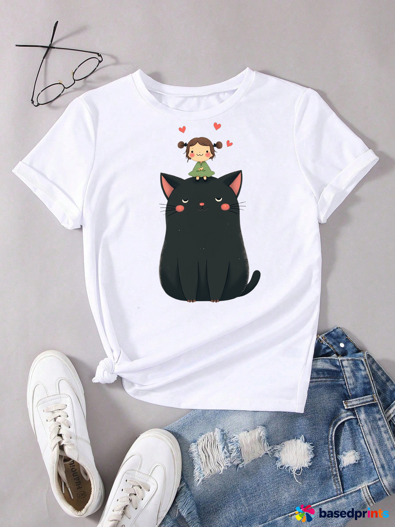 Cat Print White T-Shirt