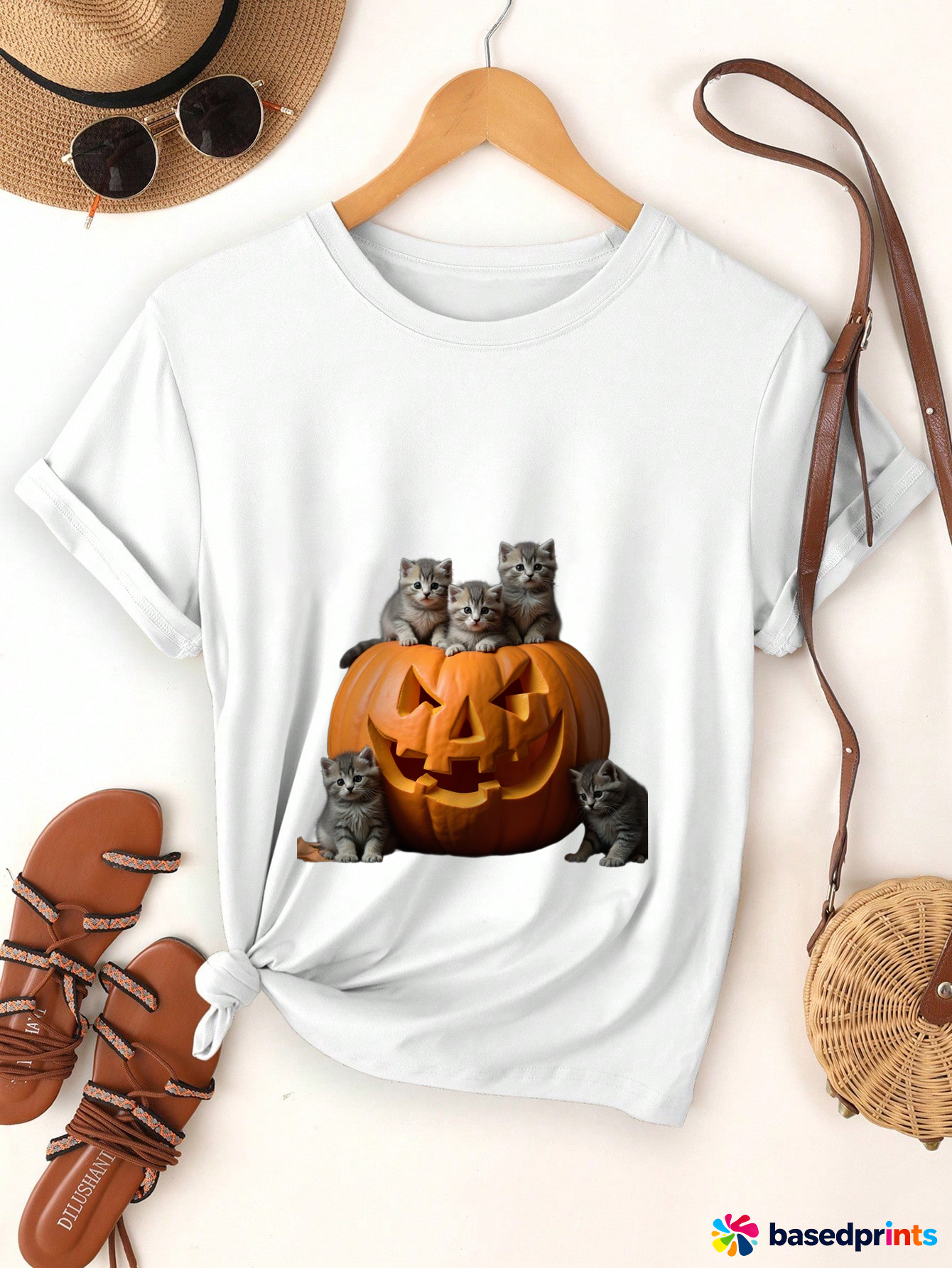 Halloween Pumpkin Cat T-Shirt Women Casual Short Sleeve Cotton Tops