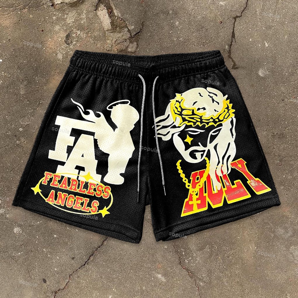 Vintage Fearless Angel Holy Jesus Graphic Basketball Mesh Shorts
