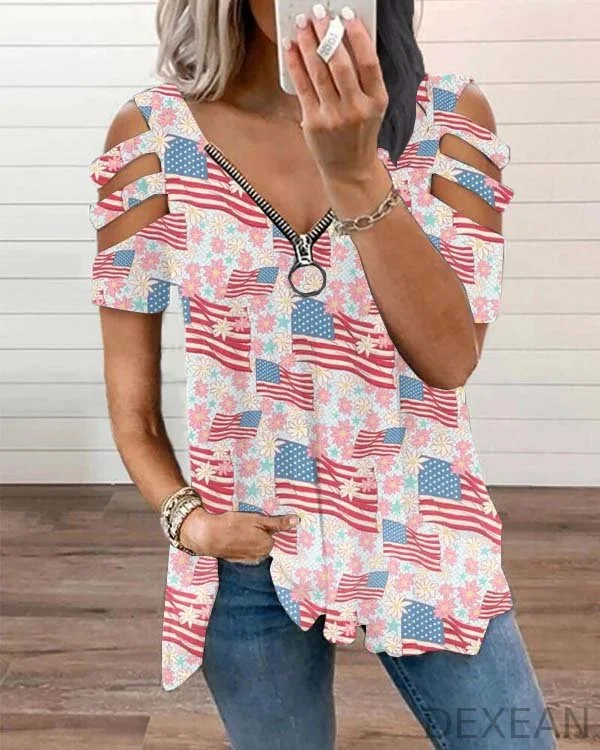 Women's Independence Day V-neck Abstract Print Zip-up Top