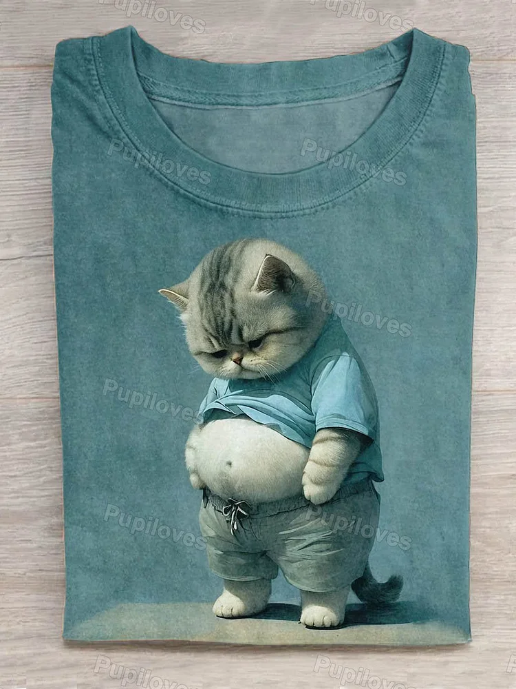 Pupiloves Pupiloves Funny Fat Cat Art Design Print T-shirt