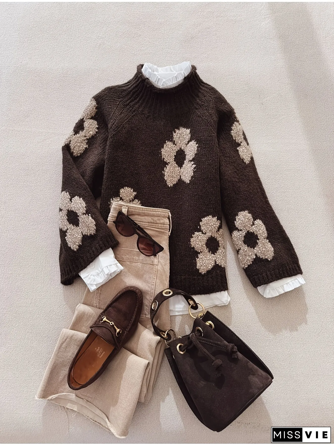 Soft stylish womens sweater-elegant brown beige long sleeve top for fall winter office