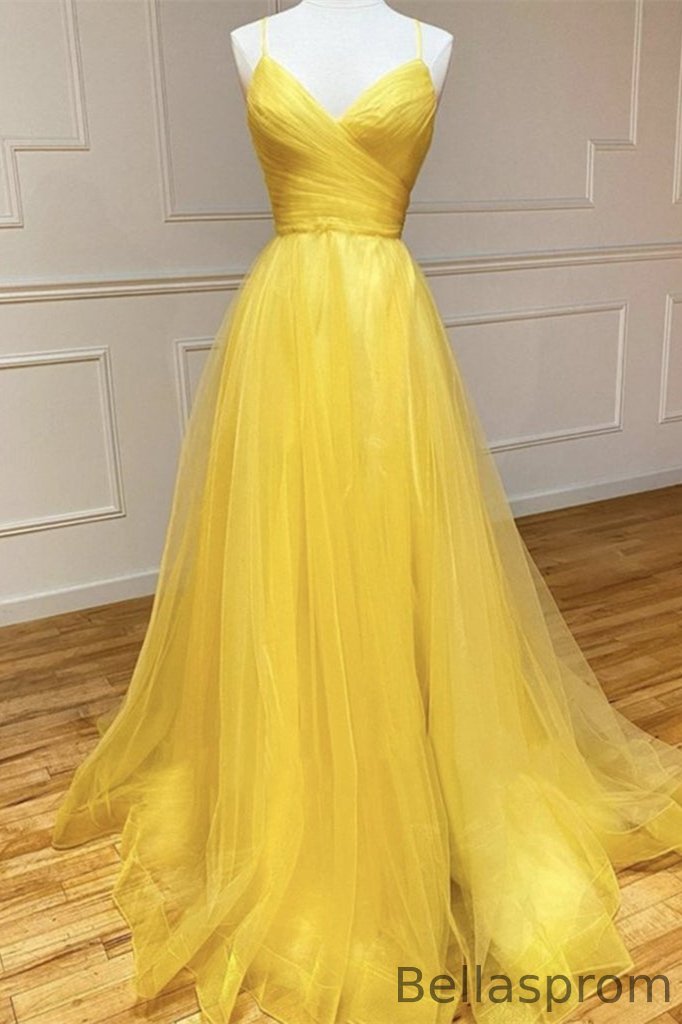 Bellasprom Yellow Tulle Evening Dress String Back Spaghetti-Straps Bellasprom