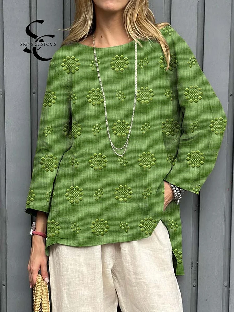 Women's Vintage Floral Pattern Art Print Casual Cotton Linen Shirt