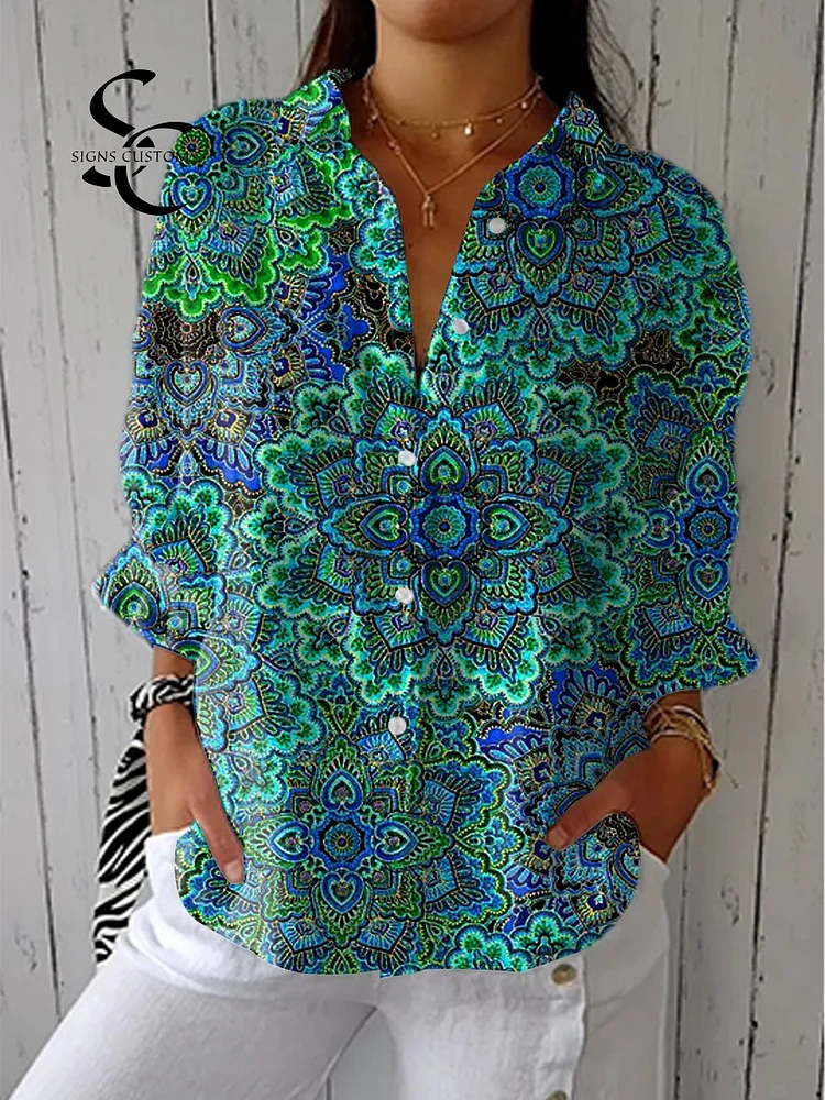 Women's Vintage Boho Art Print Casual Cotton Linen V-neck Shirt