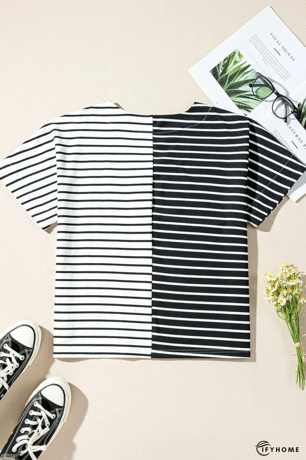 Stripe Two Tone Colorblock V-Neck T-Shirt | IFYHOME