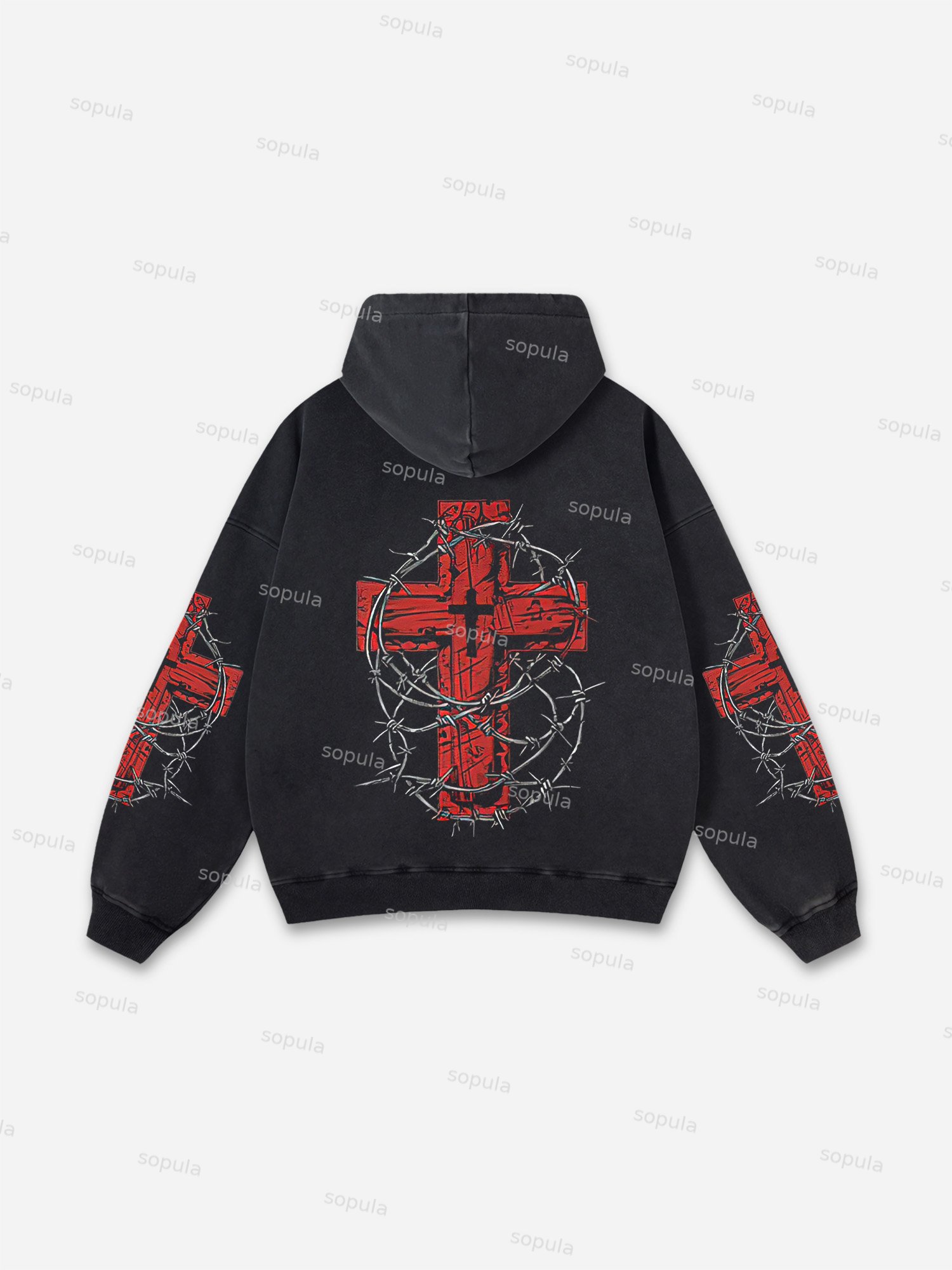 Sopula Vintage Cross Graphics Washed Distressed Hoodie