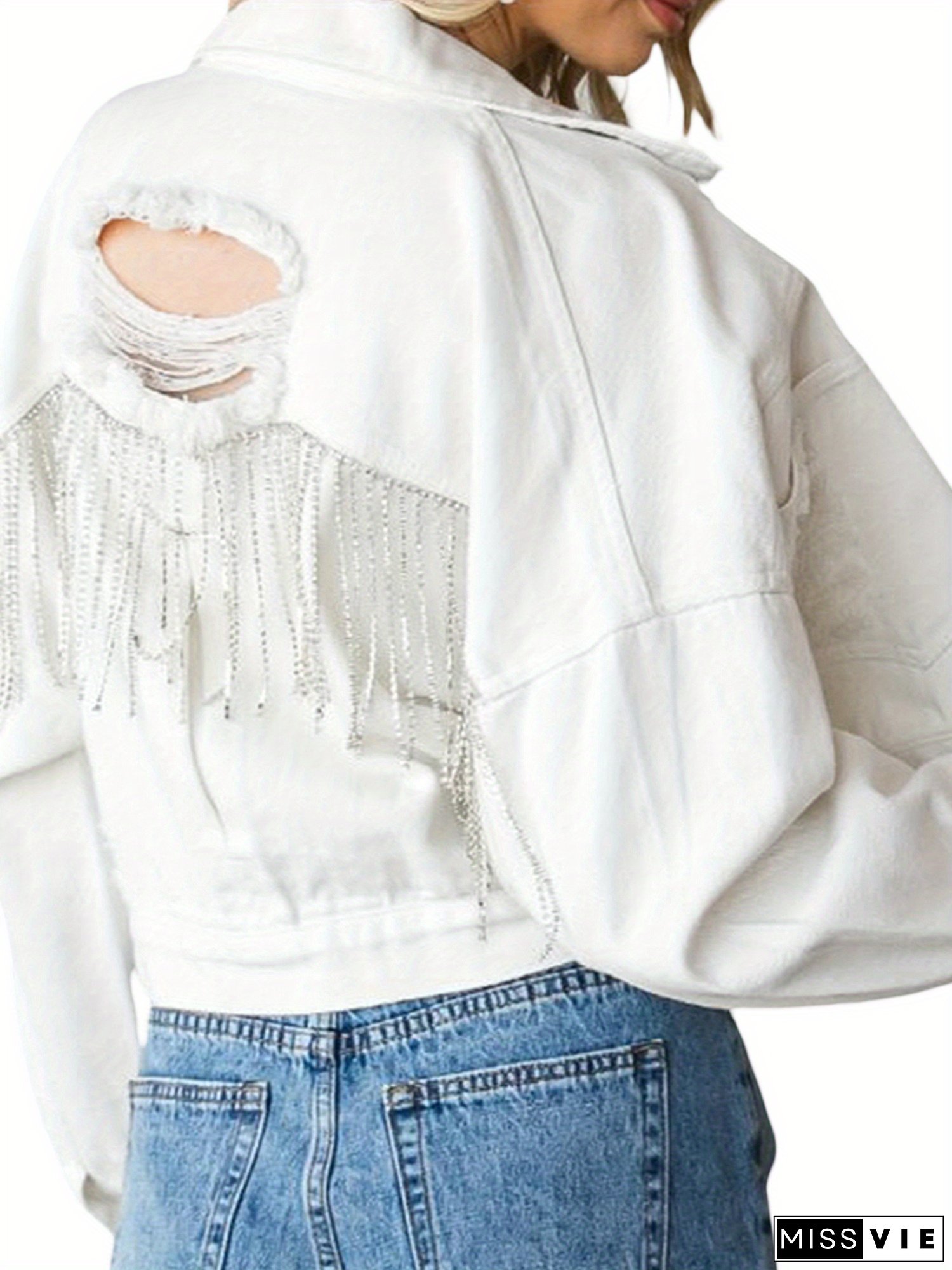 Women Crop Jean Jacket Casual Button down Ripped Denim Jacket with Rhinestone Tassel Fall Outwear