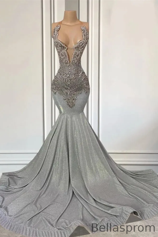 Bellasprom Silver Shiny Prom Dress Mermaid Sleeveless Long Bellasprom