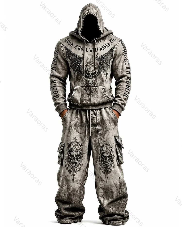 Men's Color-Block Skull-Embroidered Hoodie & Pants Two-Piece Set 5752