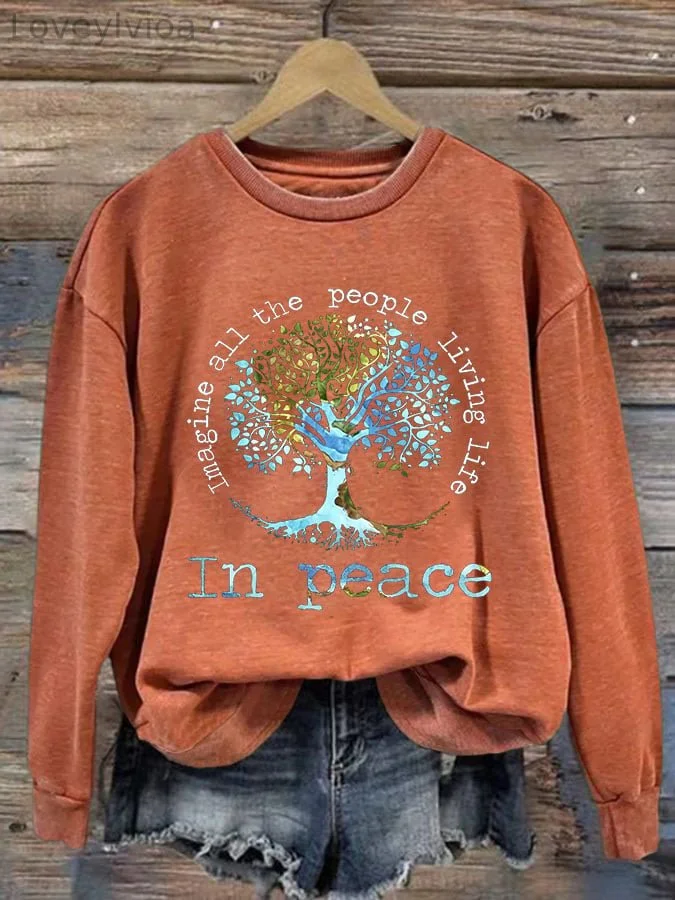 Women's Casual Imaging All The People Living Life In Peace Print Long Sleeve Sweatshirt