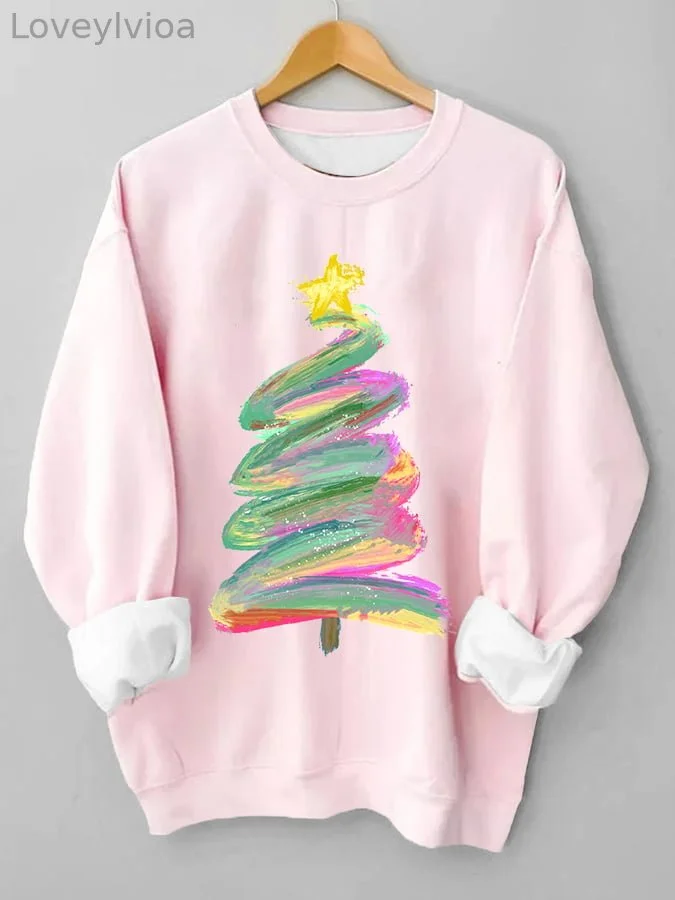 Women's Oil Painting   Christmas TreePrint Sweatshirt
