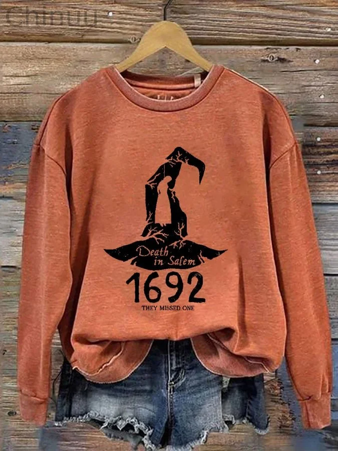 Women's 1692 They Missed One Salem Witch Printed Round Neck Long Sleeve Sweatshirt 