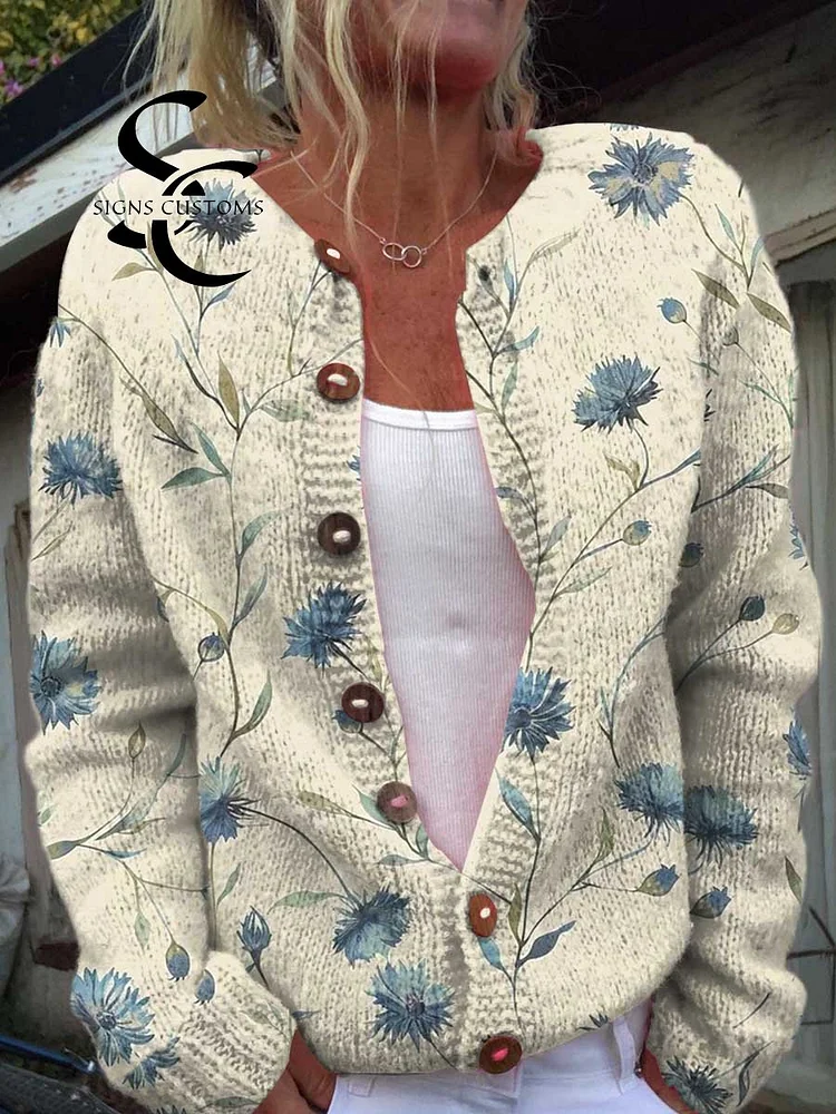 Women's Vintage Art Flower Print Buttoned Cardigan Sweater
