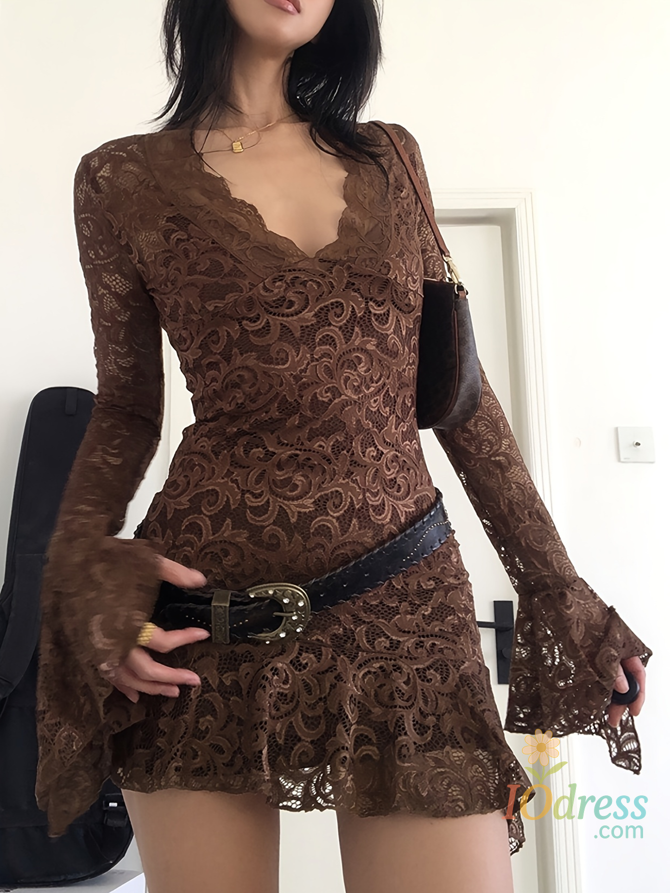 IO Dress Summer Y2k Women's Dresses Sexy Sheer Mesh Lace Bodycon Dress Flared Long Sleeve V-Neck Mini Dress Party Club Evening Dresses