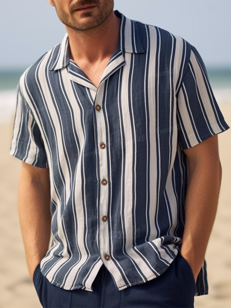 Men'S Stripe Print - Slub Linen Shirt