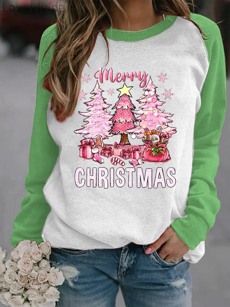 Women's Pink Christmas Christmas TreeMerry Christmas Christmas Fun Print Long Sleeve Top