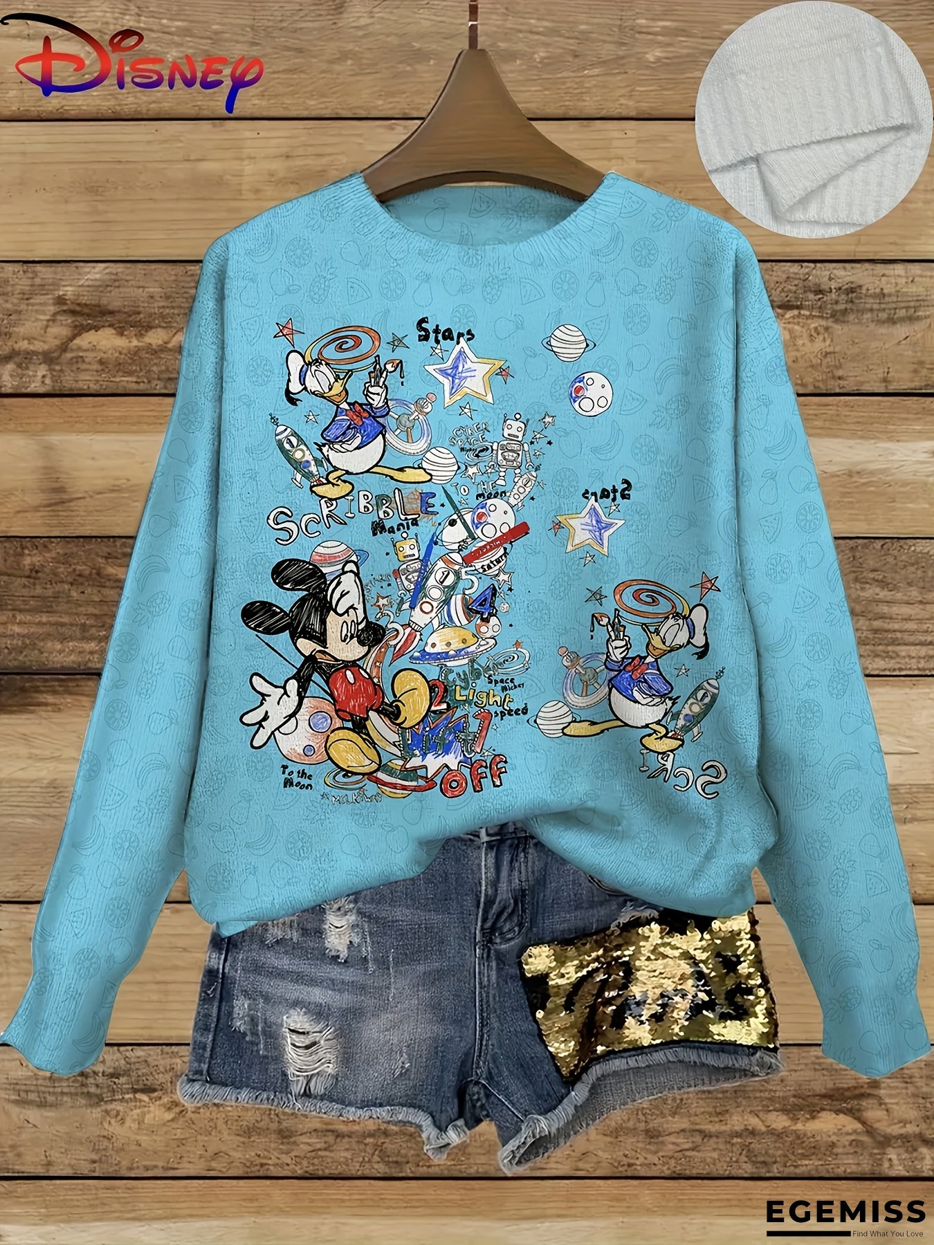 Mickey & Donald Duck Women's Sweater - Lightweight Long Sleeve Crew Neck Casual Pullover with Cartoon Print, Spring/Fall Fashion, Spring Fall Clothing | Cartoon Print Top | Comfortable Fit | EGEMISS