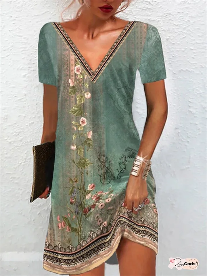 Spring and Summer Women's Literary Retro Botanical flowers  Plant Floral Print Casual V-neck Short-sleeved Dress
