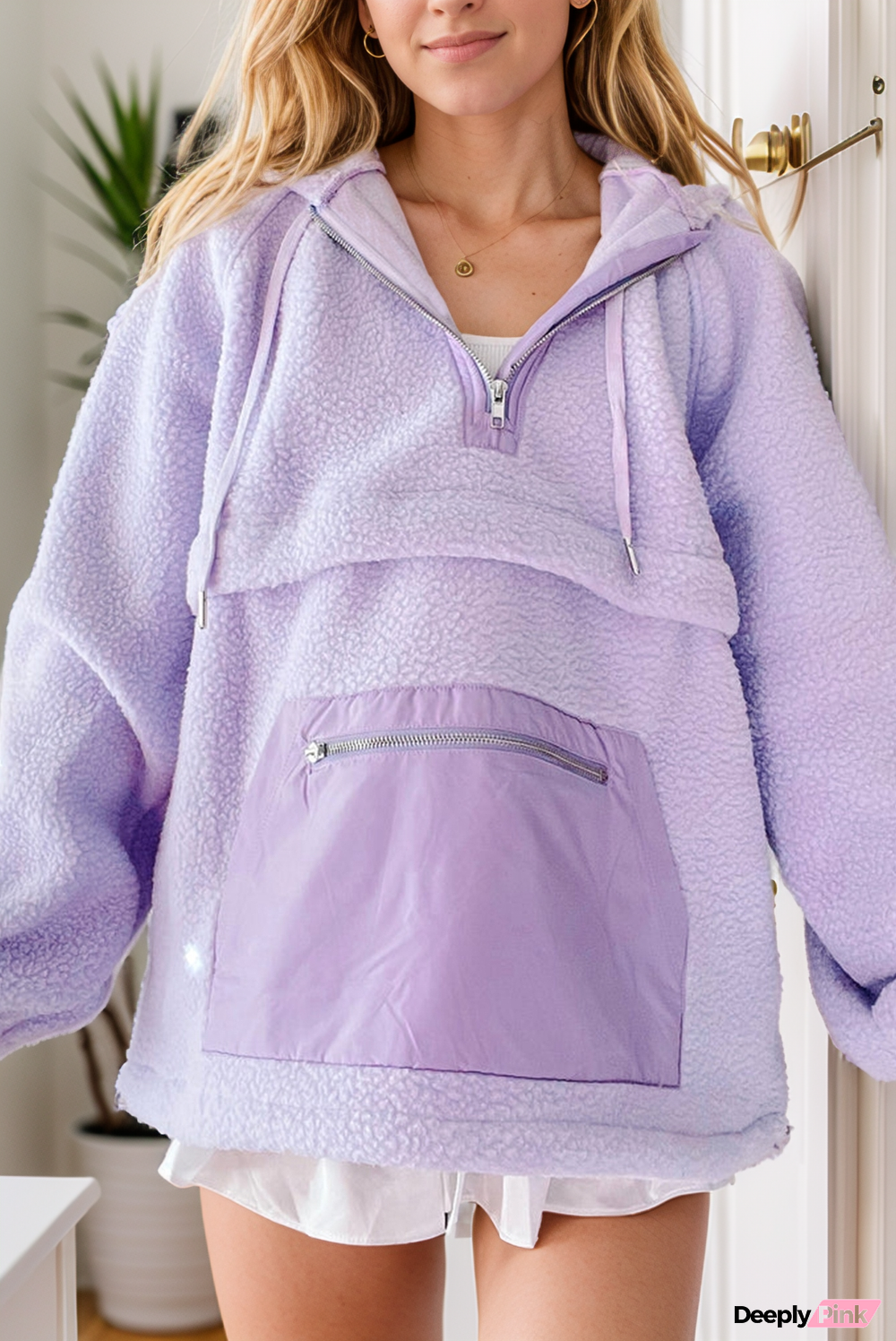 Zipped Patch Pocket Fuzzy Drawstring Hoodie
