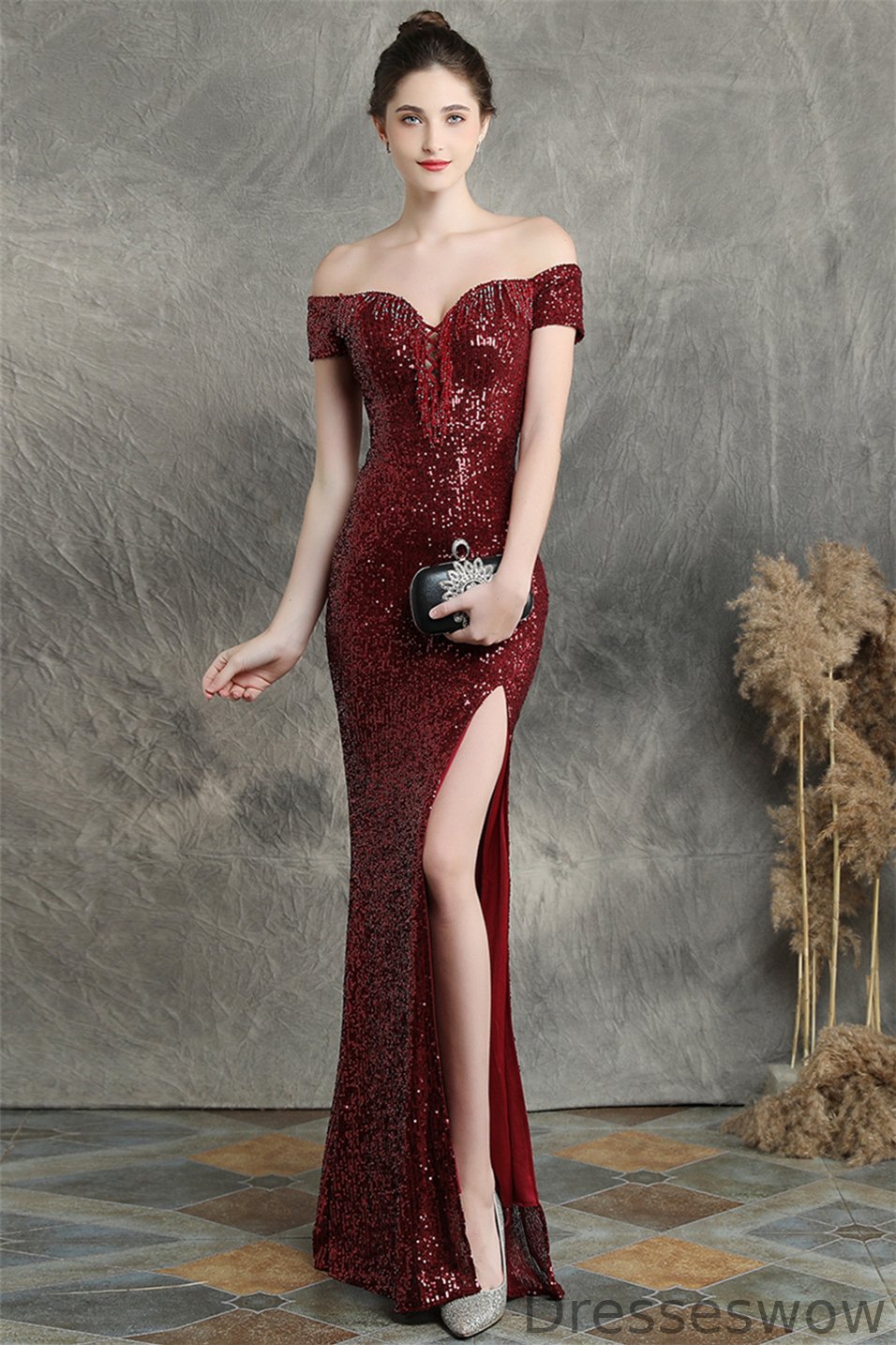 Dresseswow Off-the-Shoulder Sequins Evening Dress Mermaid Sweetheart Long With Slit