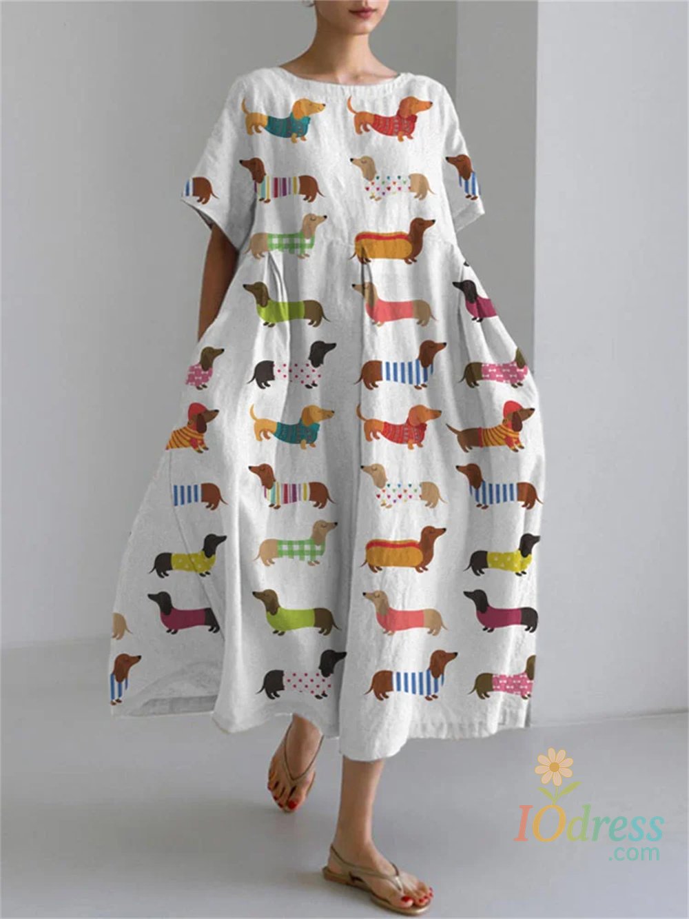 IO Dress New for summer 2025, high-end fashion short sleeve long dress with Dachshund print slim women's pocket neck round dress