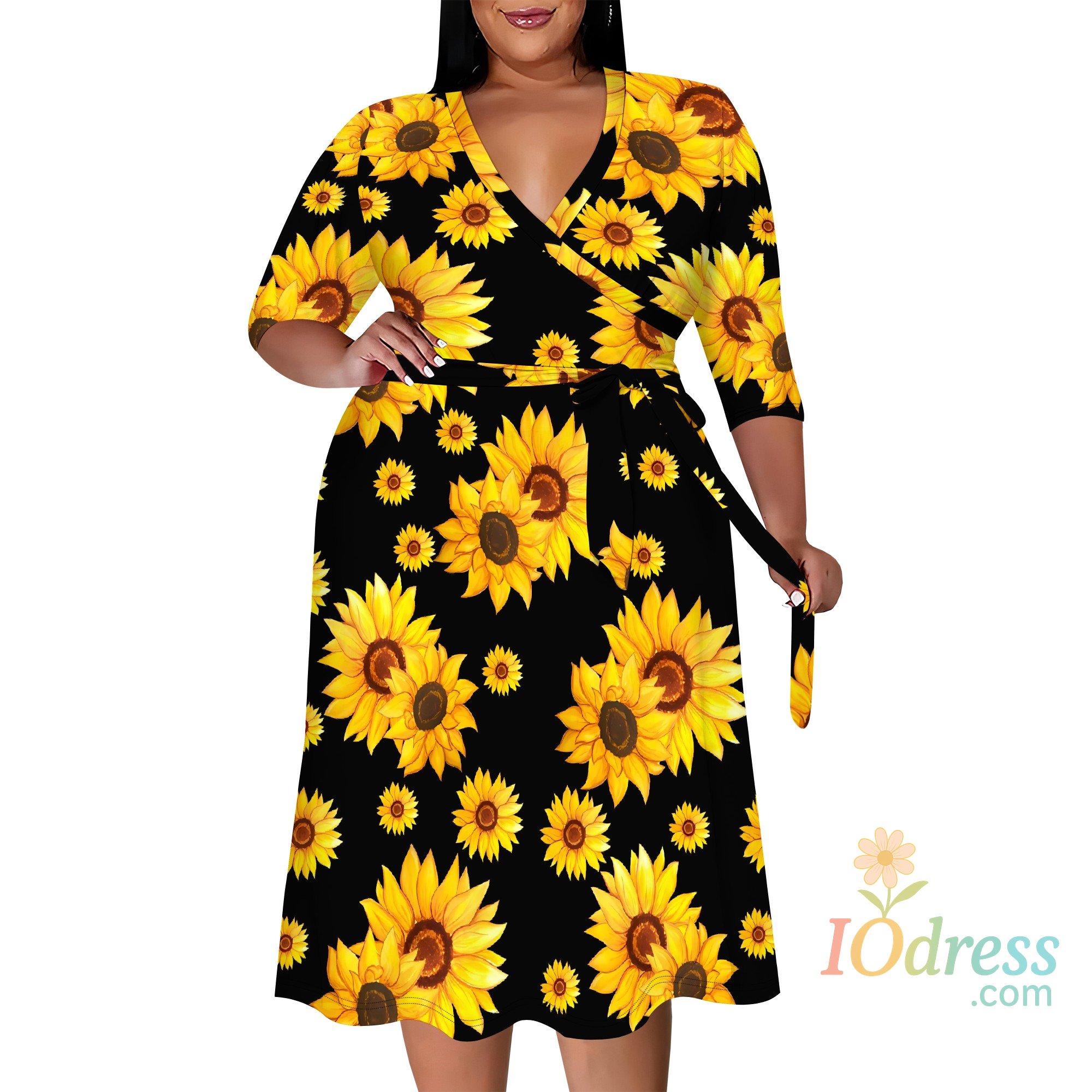 IO Dress Plus Size Women's V-Neck Short Sleeve Maxi Dress Blue Yellow Rose Print Garden Picnic Dress IO Dress
