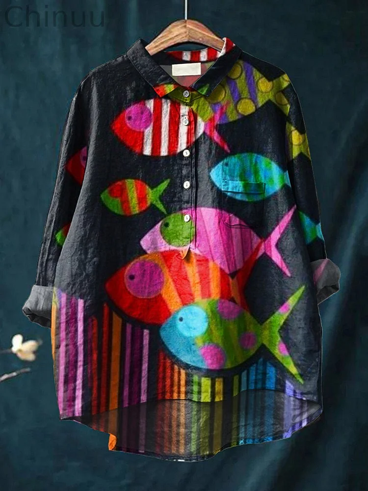 Women's Fish  Art Print Casual Cotton And Linen Shirt