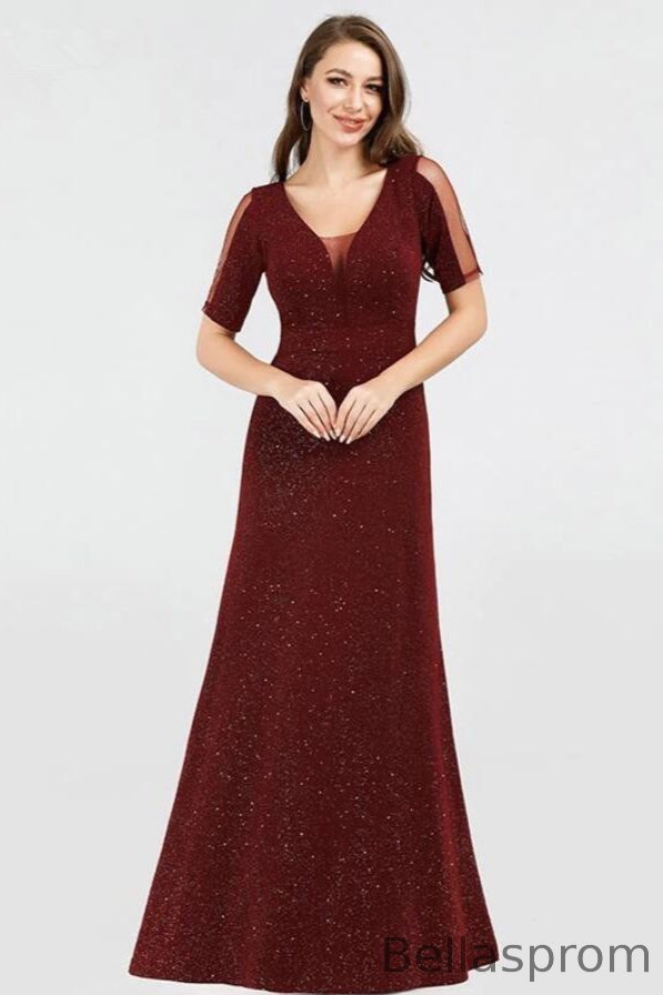 Bellasprom Burgundy Prom Dress Long Evening Gowns Mermaid Short Sleeve Bellasprom