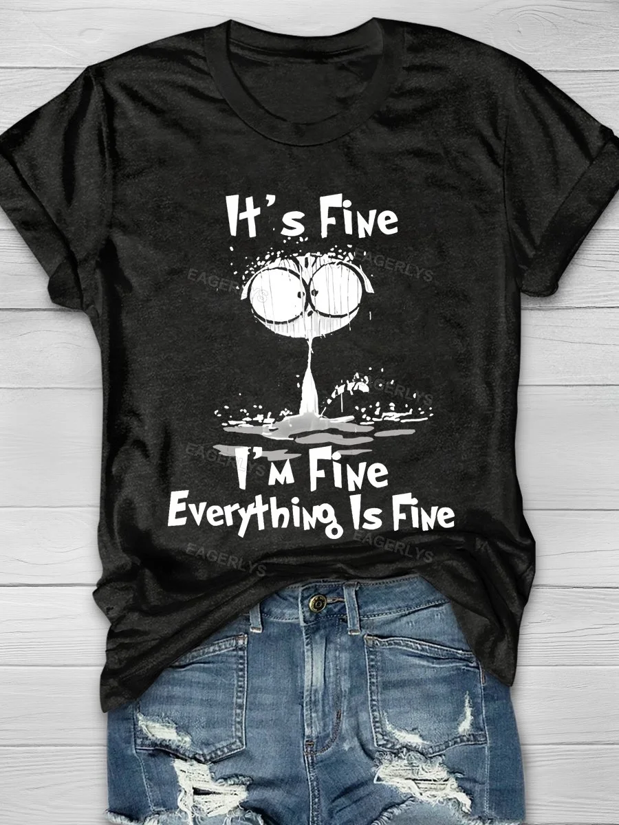 Eagerlys It’s Fine I’m Fine Everything Is Fine Raining Cat Short Sleeve T-shirt Eagerlys