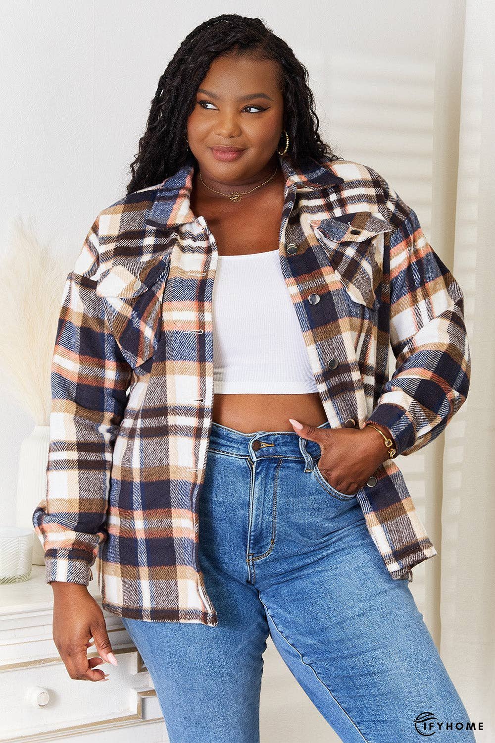 Double Take Plaid Button Front Shirt Jacket with Breast Pockets | IFYHOME