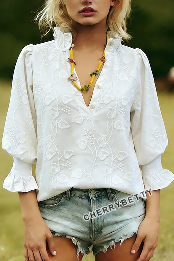 Chic Flower Embroidered Ruffle Neck Three Quater Sleeves Blouse