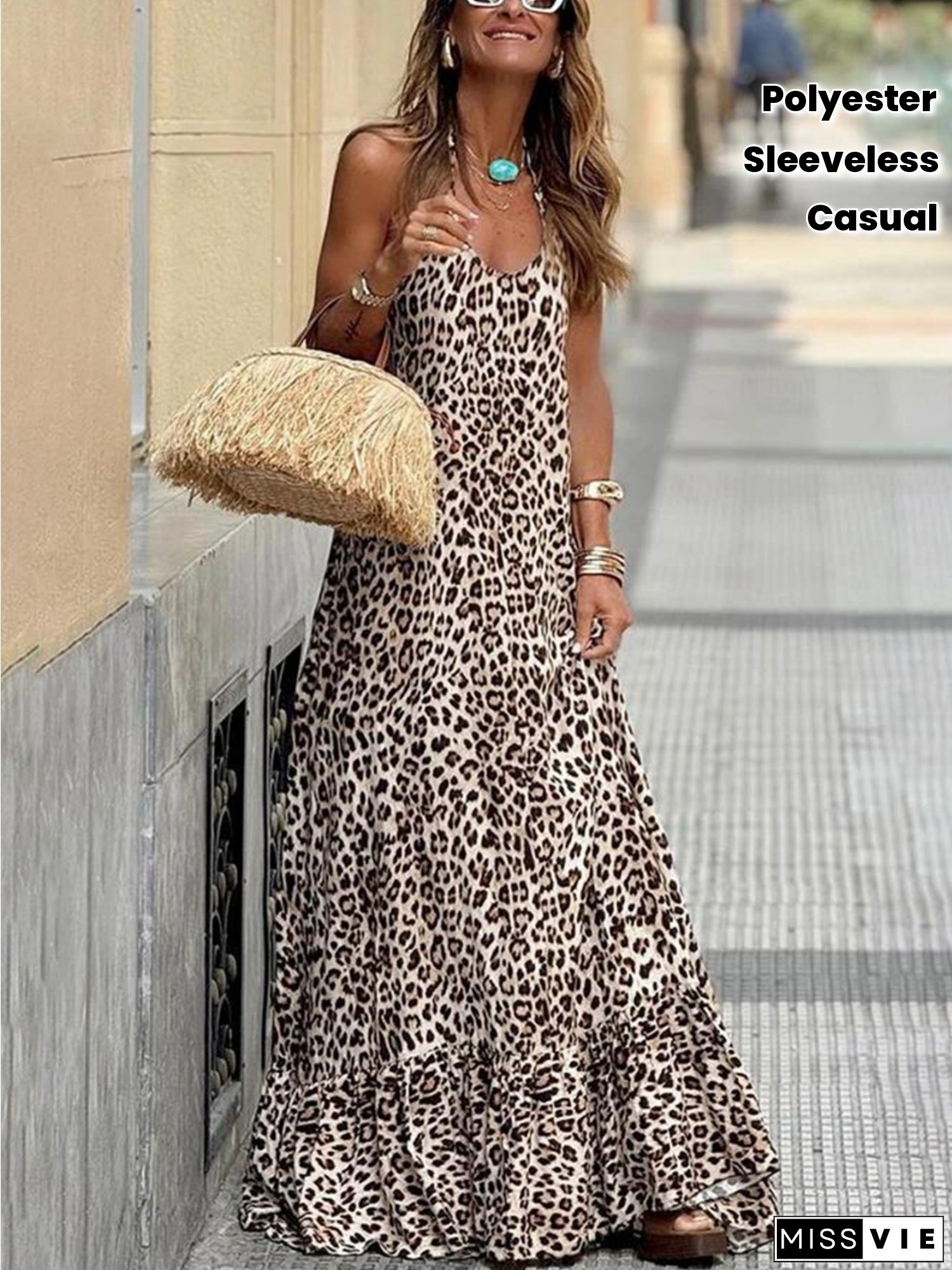 [Leopard Print Maxi Dress] Sleeveless Backless Leopard Print Maxi Dress - Women's Casual Halter Neck Ruffle Hem - Polyester Summer Fitted Midi Dress