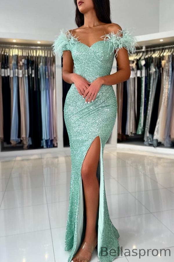 Bellasprom Sage Off-the-shoulder Sleeveless Mermaid Prom Dress Sequins With Split Feathers Bellasprom