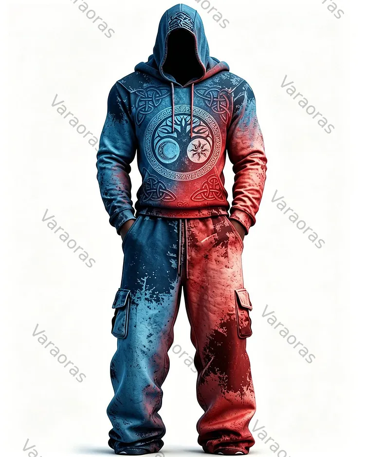 Men's Fashion Viking Contrast Color Tree of Life Embroidered Hoodie & Pants Two-Piece Set 2162